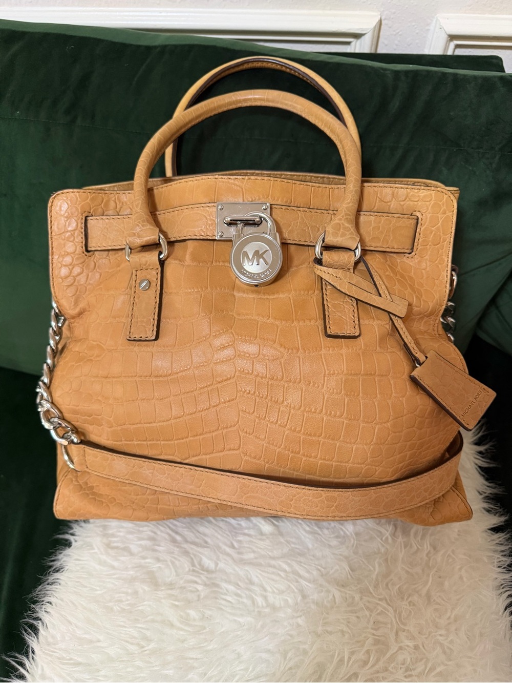 Michael Kors Croc-Embossed Leather Satchel in Camel Tan with Silver Hardware